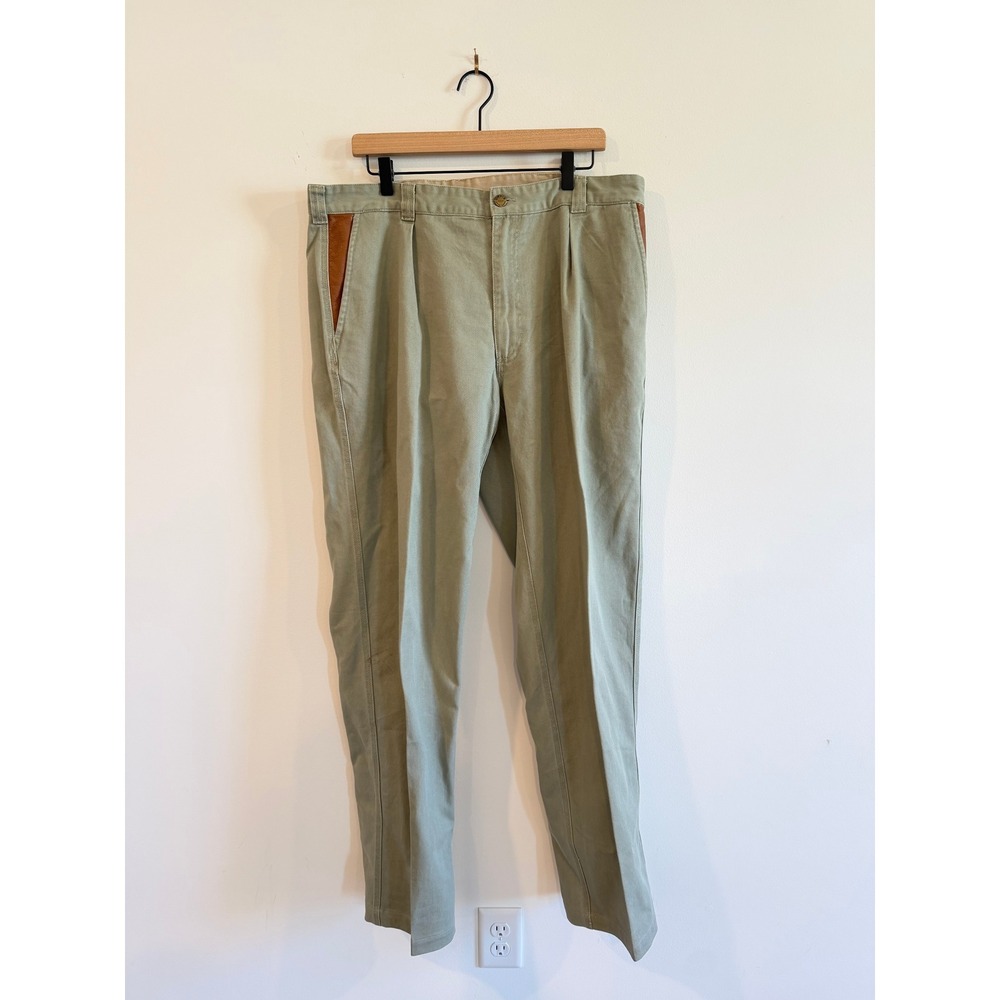 Orvis Zambezi Twill Pants Mens 38X34 Sage Green Leather Trim Pleated Cotton